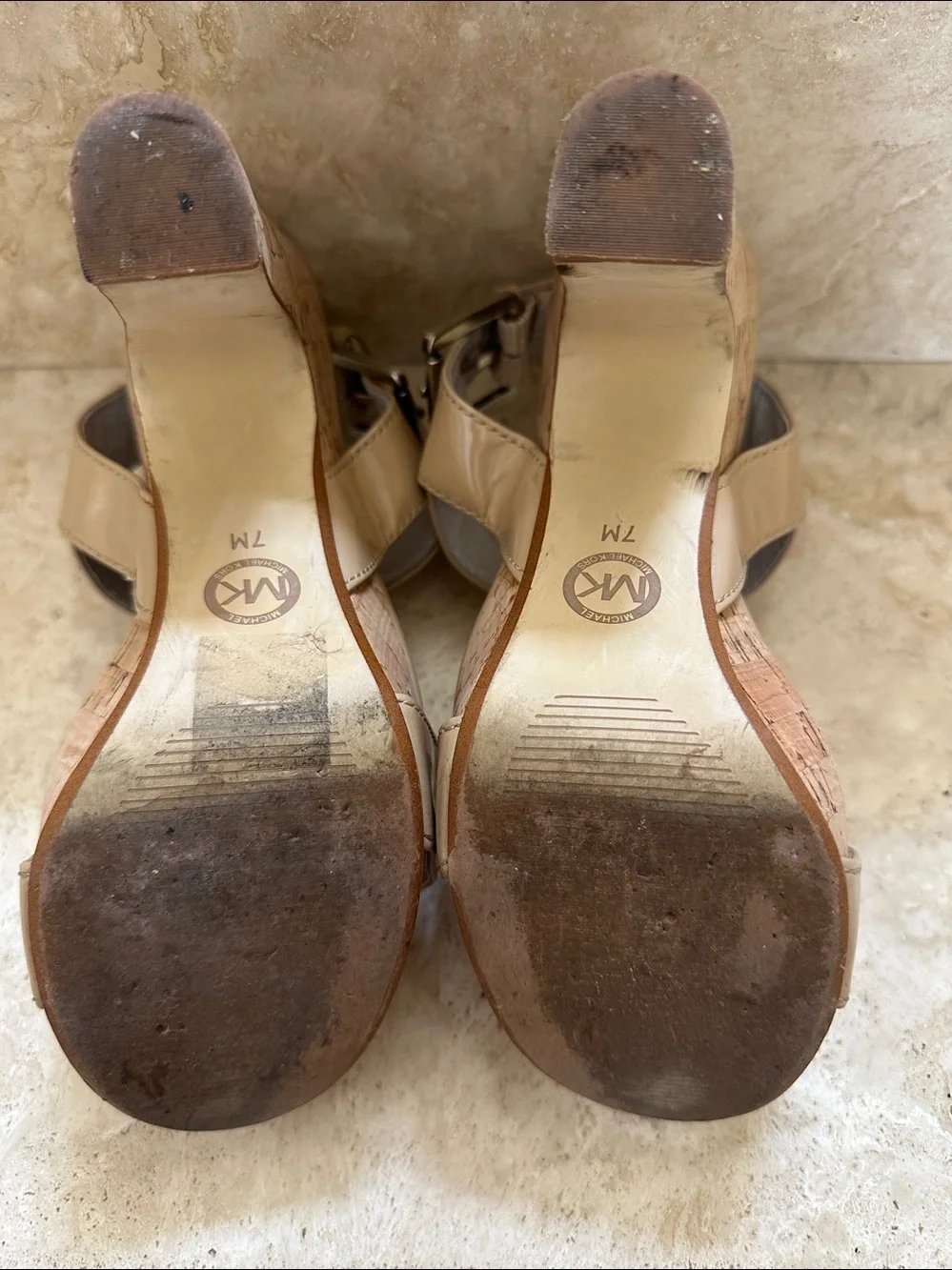 MICHAEL Michael Kors IVANA Nude Patent Leather Cork Platform Sandals - Size 7M
